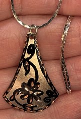 Copper Pendant Embellished Artisan Hand Crafted Floral Silver Tone Chain 16”