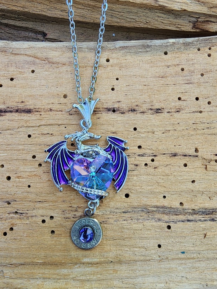 Purple Dragon Pendant with Dangle Bullet Charm. Optional Glass Crystal.