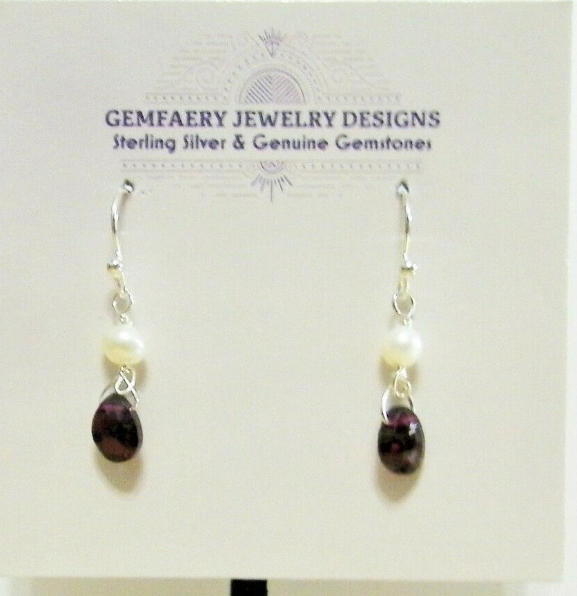 Sterling Silver Wire-Wrapped GARNET & PEARL Gemstone Earrings…Handmade USA