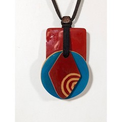 Artisan Resin Wood Pendant Necklace Adjustable Leather Cord Boho Modernist 28 In
