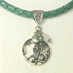 Emerald Green 6mm Bolo Chord w Silver Pewter Chinese Dragon, Rainbow Moonstone