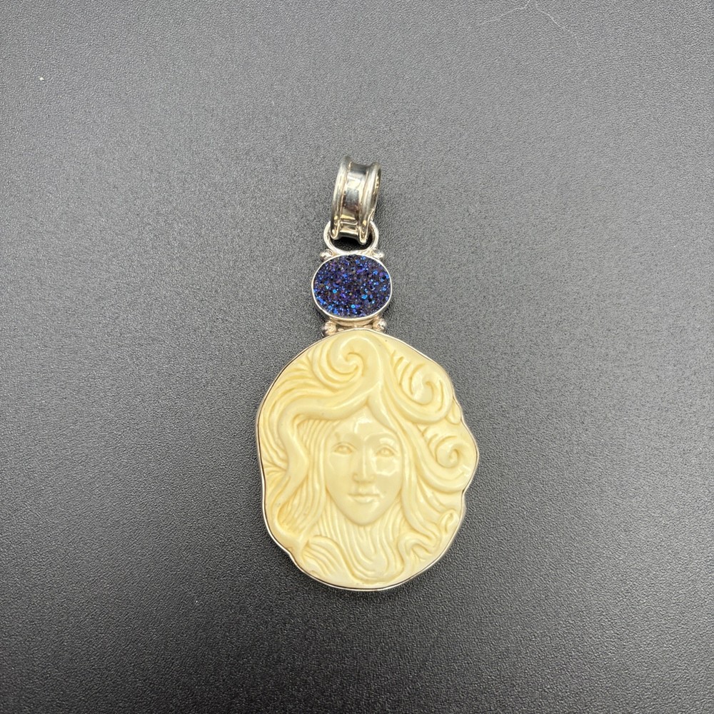 Sajen 925 Sterling Silver Mother of Pearl & Druzy Stone Cameo Goddess Pendant