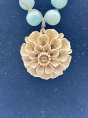 Artisan Aqua Blue Stone Bead Necklace 19” Carved Flower Pendant Boho