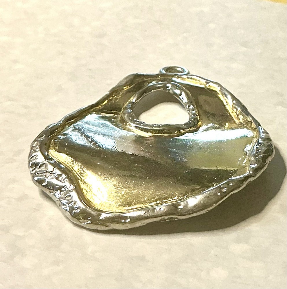 Vintage Talisman Inspired Brutalist Hammered 2-Tone Metal Abstract Pendant 1980s