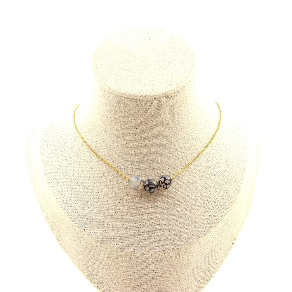 Necklace 3 Agate Beads Veins Of Dragon 0 5/16in Chain Steel Golden Necklace Femm