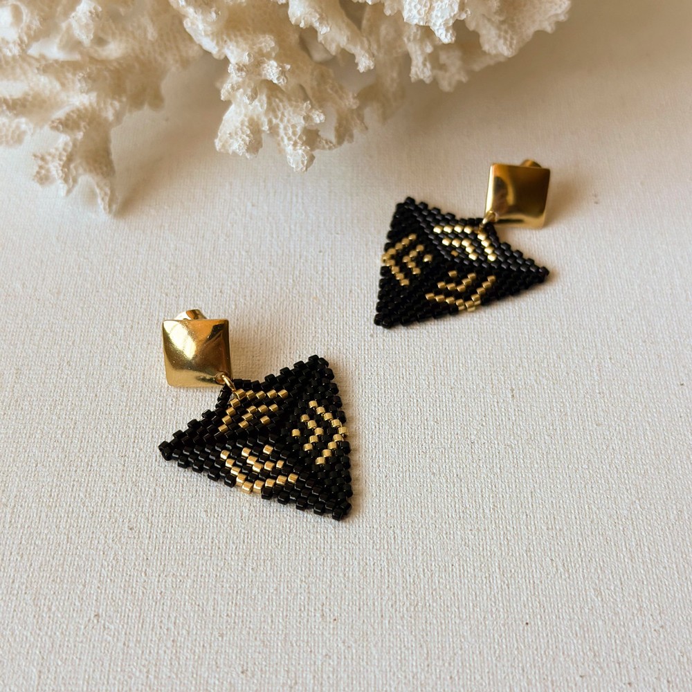 Handmade Miyuki Seed Bead Stud Earrings, Triangle Art Deco Geometric Earrings