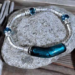 Edgy Silver Teal Green Blue Foil Glass Metal and Crystal Stretch Bracelet