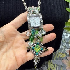 Adorned Crown Jewelry assemblage crystal glass bead watch cross green necklace