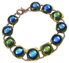 DICHROIC Link Bracelet Yellow Gold Blue Dicro Fused Glass Round Dots 12mm x 7.5″