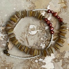Handmade Beaded Necklace Tan Mother of Pearl Shell Beads and Copper Dyed Pearls