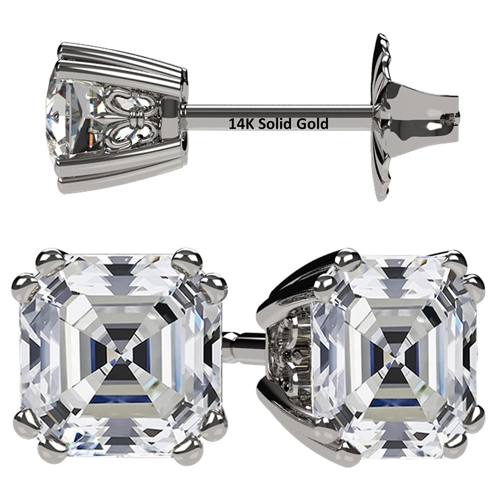 Platinum Plated Silver Stud Earrings With 1.50 CTTW Asscher CZ & 14K Gold Post