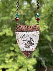 Glass Enameled Copper Reindeer Christmas necklace with Swarovski beads HANDMADE