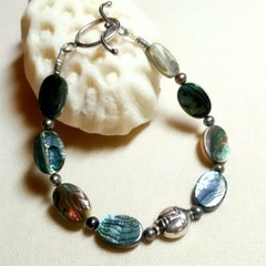 ABALONE PAUA, FRESHWATER PEARL, BUDDHA STERLING SILVER TOGGLE BRACELET