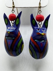 Painted Wood Cat Alebrije Style Dangle Earrings Blue Folk Art Boho Figurine