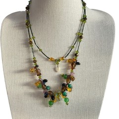 Glass Artsy Bead Necklace Double Strand Handmade Pop Art Colorful Boho