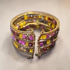 Boho Multi-strand Beaded Cuff Gold Tone Pink Amber Glass Artisan Wide Wrap…