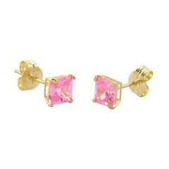 10k Yellow Gold Square Pink CZ Stud Earrings Cubic Zirconia Basket Set