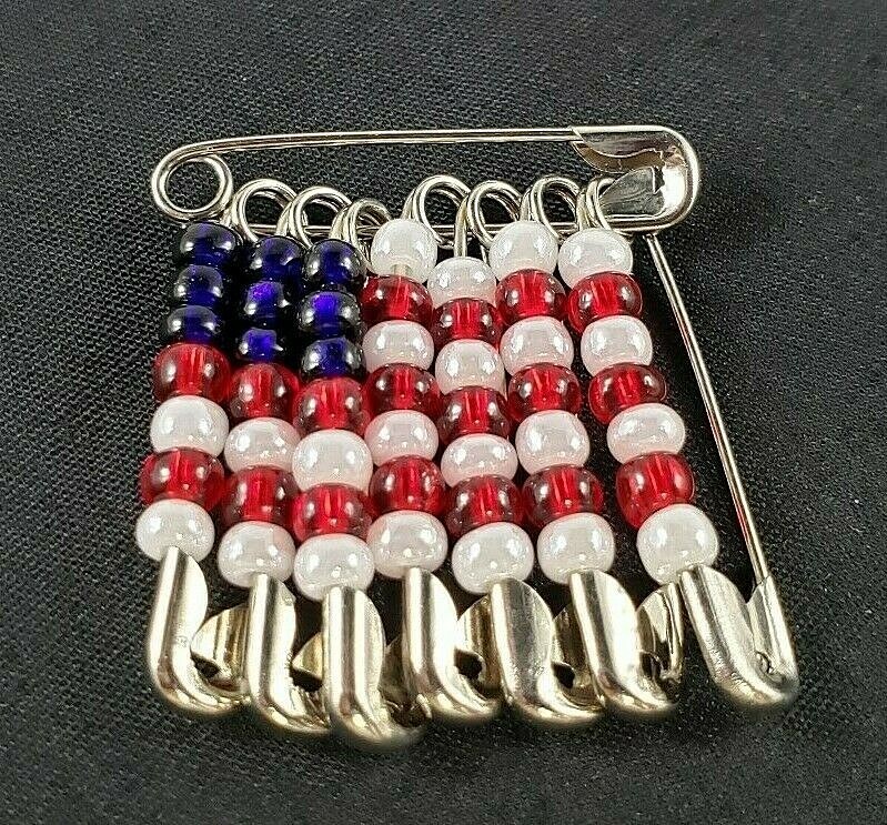 Safety Pin Flag American U.S. Patriotic Beaded Brooch Silver Tone Red White Blue