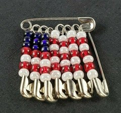 Safety Pin Flag American U.S. Patriotic Beaded Brooch Silver Tone Red White Blue