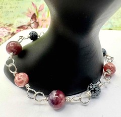 Sterling Silver Rhodochrosite Tourmaline Snowflake Obsidian Gemstone Bracelet