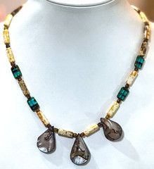Abalone Shell Piece Blue Brown Square Tube Bead Silver Tone Necklace