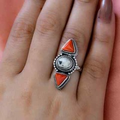 Artisan Crafted White Buffalo and Mediterranean Coral Ring in Sterling Sz 6
