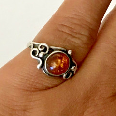 Amber In Sterling Silver Ring, Genuine A grade Cognac Color Amber Round Cabochon