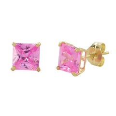 10k Yellow Gold Square Pink CZ Stud Earrings Cubic Zirconia Basket Set