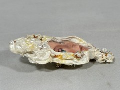 Vintage Mixed Media Face Brooch Pearl Embellished Fabric Art Jewelry 4”