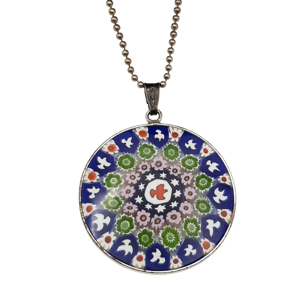 Sterling Silver Venetian Glass Pendant Necklace Millefiori Disc 23.5″ Ball Chain