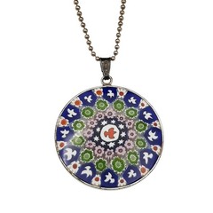Sterling Silver Venetian Glass Pendant Necklace Millefiori Disc 23.5″ Ball Chain