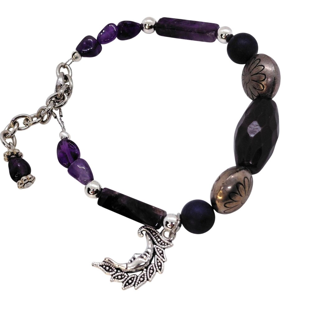 Amethyst bracelet silver tone crescent moon charm