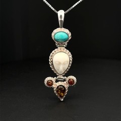 Sterling Silver Handmade Carved Face W/Turquoise Amber Pendant(3/4 x 2 3/8 Inch)