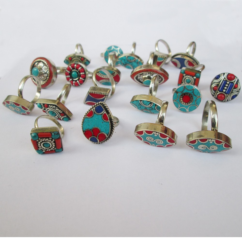 Tibetan Genuine Turquoise Coral Blue Lapis Jewelry Adjustable Unisex 20Rings Lot