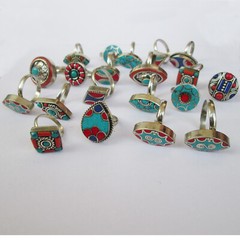 Tibetan Genuine Turquoise Coral Blue Lapis Jewelry Adjustable Unisex 20Rings Lot