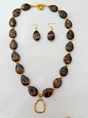 Gold & Red/Brown 3/4″ x 1″ Pear Shaped Jasper 23″ Beaded Necklace/Earring Set