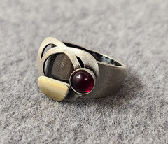 Christophe Poly Silver Tone Modernist Artisan Red Cabochon Ring, US Size 5.5