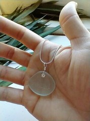 Engraved Inspirational «PEACE» Aqua Blue Sea Glass Pendant Snake Chain Necklace