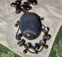 Lovely Handmade Denim Lapis, Cultured Pearls, Crystal & Sterling Silver Necklace