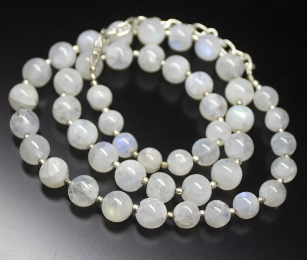 Natural Rainbow Moonstone Gemstone Beads 925 Sterling Silver Handmade Necklace