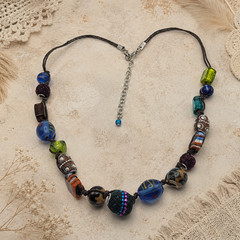 Multicolor Artisan Glass Bead Brown Cord Necklace Boho Adjustable 26 In