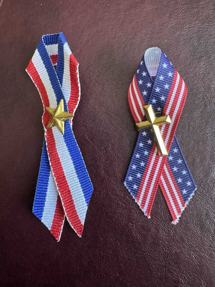 USA Patriotic Red White & Blue Ribbon Star & Cross Pin – PNP