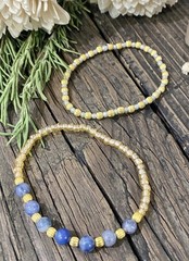 2 Piece Dainty Blue & Gold Beaded Bracelet Set, Stretch Bracelets