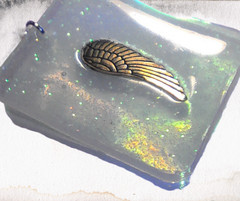 Handmade White Resin Wing Pendant Necklace Glitter Angel Black Cord 18″