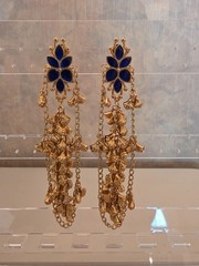 NWOT Artisan Brass Statement Dangling Earrings Blue Stones