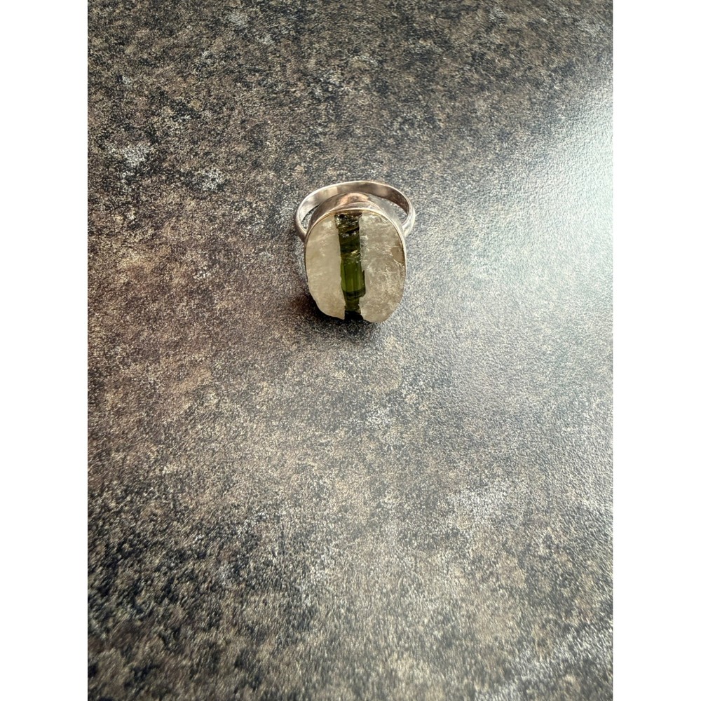 Sterling Silver Raw Quartz Green Tourmaline Crystal Statement Ring Artisan Boho