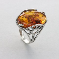 Oval Cognac / Brown BALTIC AMBER «Antique Look» Ring 925 STERLING SILVER #13e