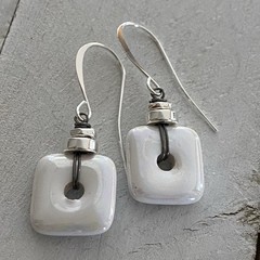 Min Favorit Ivory Opal Ceramic Mykonos Greek Bead W/Mixed Metal Artisan Earrings