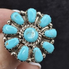 Signed Benally Native American Turquoise Cluster Ring Sterling Silver Size 8.5