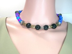 Bold Blue and Gold Chocker Necklace Handmade Unique Acrylic Bead Iridescent
